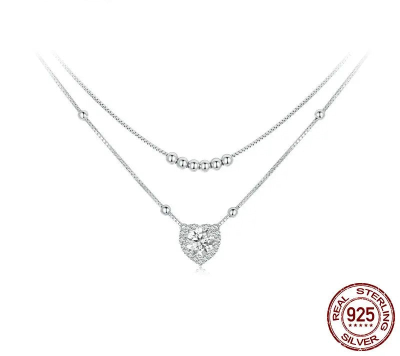 Sterling Silver Necklace | 925 Silver Jewelry | Double-Layer Heart Necklace